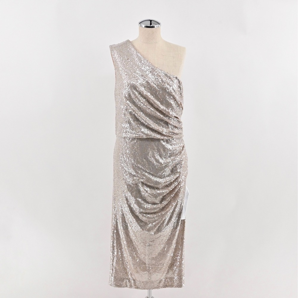 Dress the Population One-Shoulder Sequin Sheath Dress in Champagne Blush